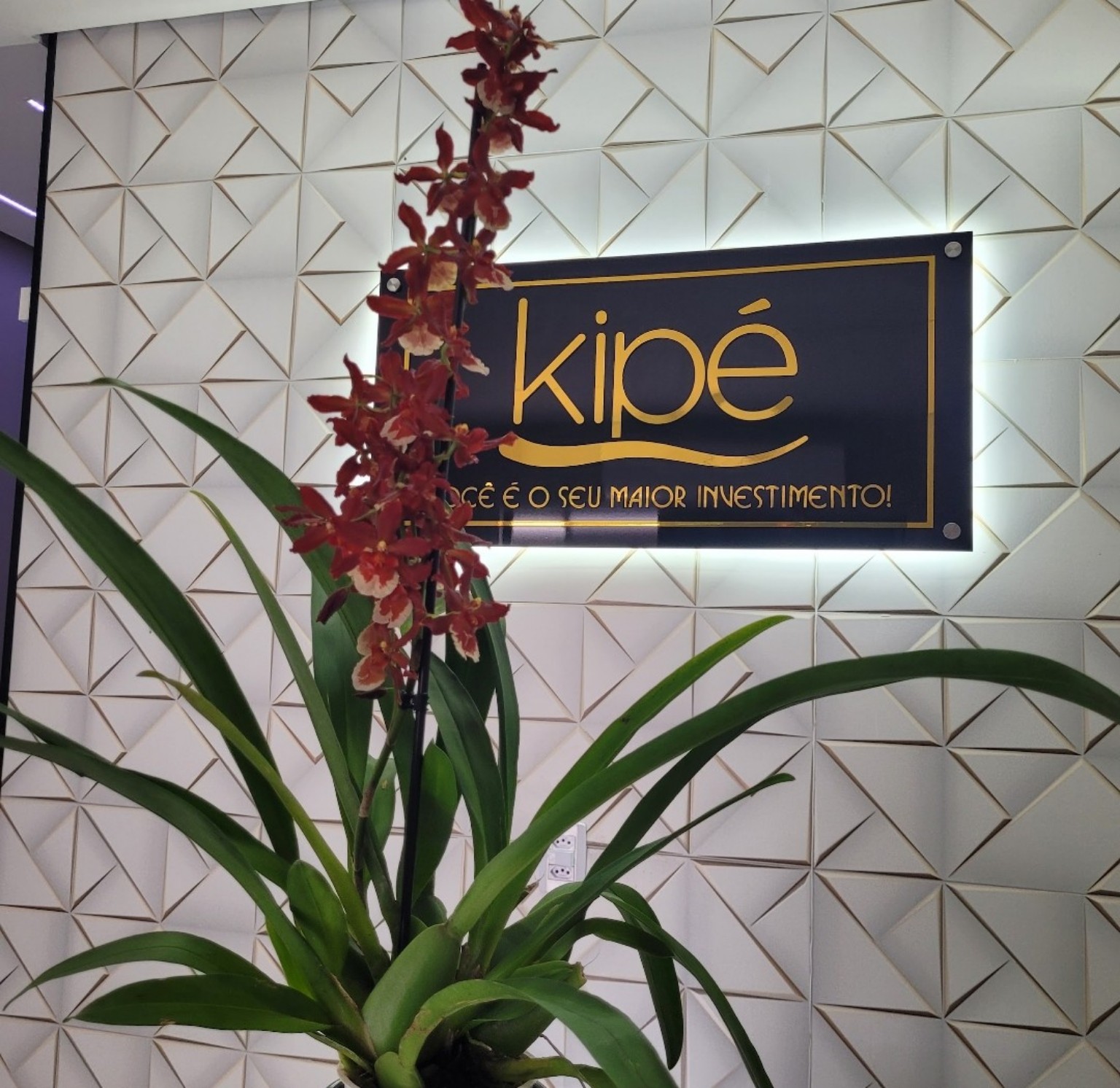 Recepção da Kipé Podologia em Limeira com orquídea e placa da marca